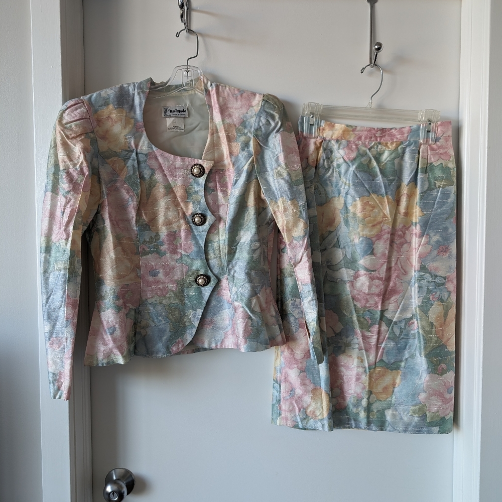 Vintage 80s Women's Pastel Blazer Skirt 2pc Suit Sz 11/12 Nu-Mode